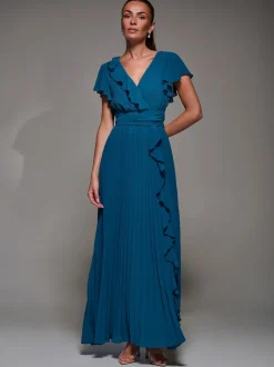 Jolie Moi Green Pleated Frill Detail Chiffon Maxi Dress