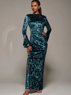 Jolie Moi Green Ruffle Sleeve Asymmetric Neck Velvet Maxi Dress