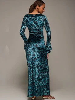 Jolie Moi Green Ruffle Sleeve Asymmetric Neck Velvet Maxi Dress