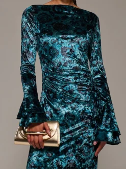 Jolie Moi Green Ruffle Sleeve Asymmetric Neck Velvet Maxi Dress