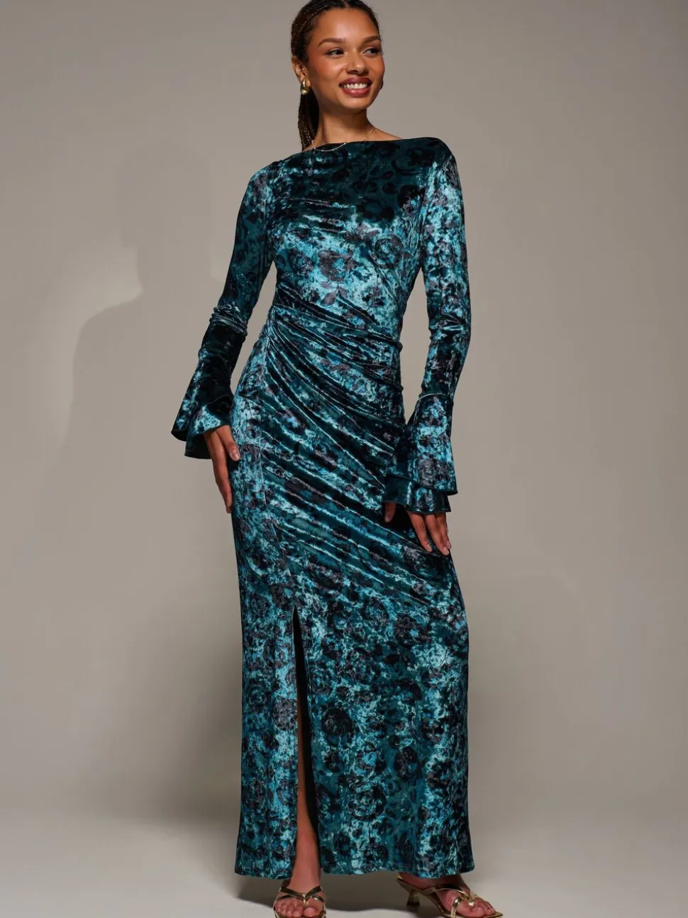Jolie Moi Green Ruffle Sleeve Asymmetric Neck Velvet Maxi Dress