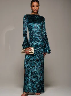 Jolie Moi Green Ruffle Sleeve Asymmetric Neck Velvet Maxi Dress