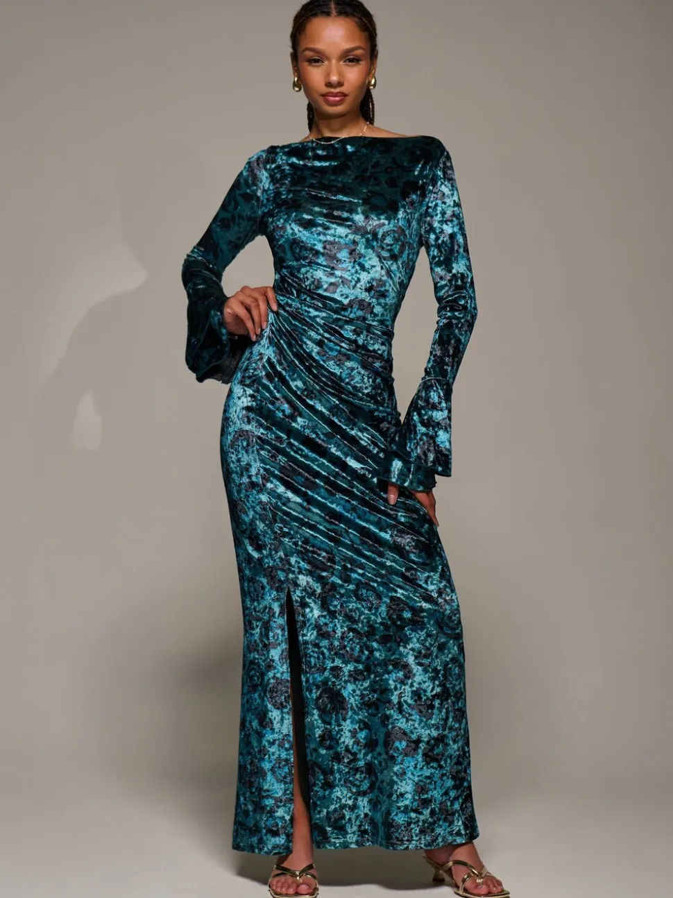 Jolie Moi Green Ruffle Sleeve Asymmetric Neck Velvet Maxi Dress