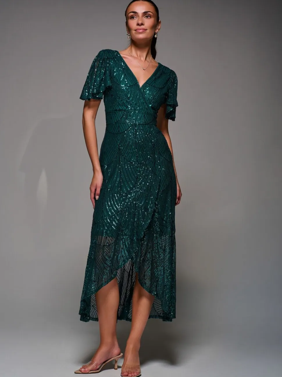 Jolie Moi Green Sequin Angel Sleeve Ruffle Hem Maxi Dress
