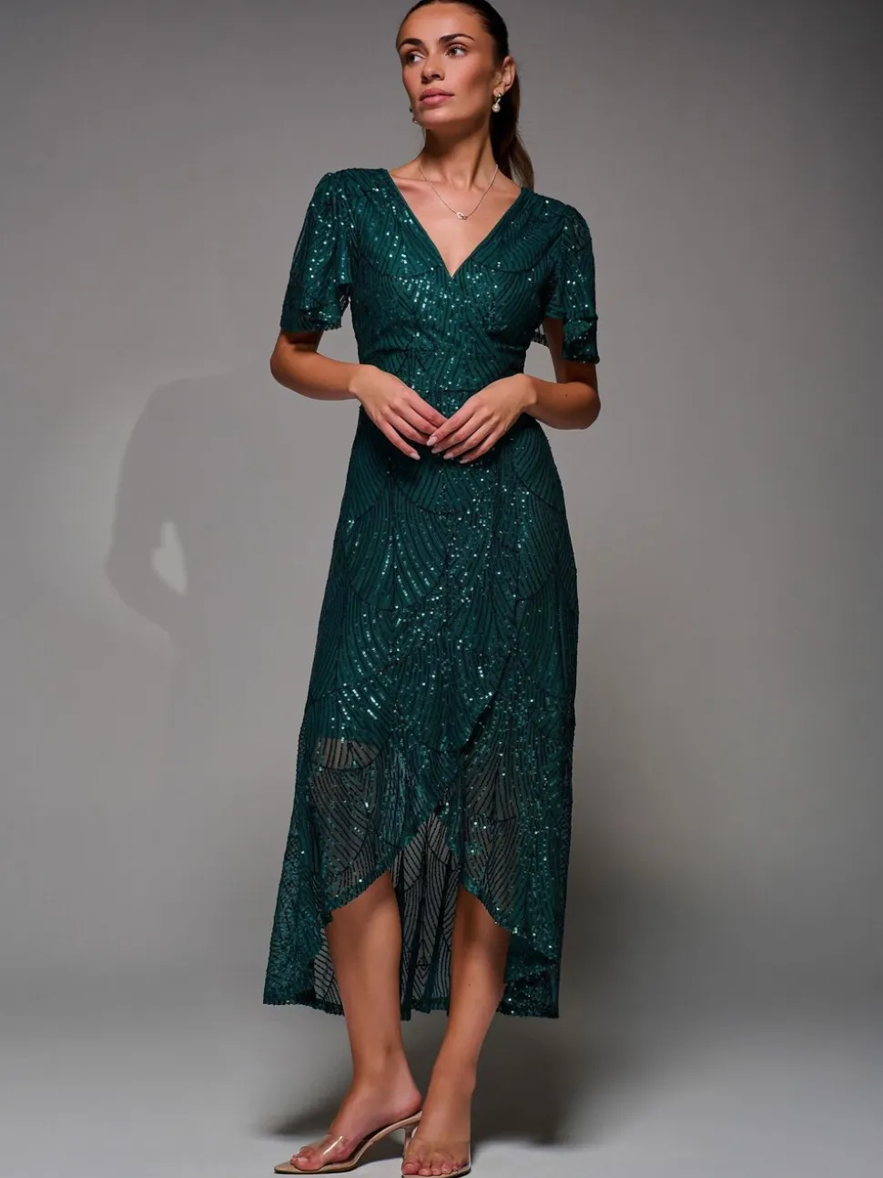 Jolie Moi Green Sequin Angel Sleeve Ruffle Hem Maxi Dress