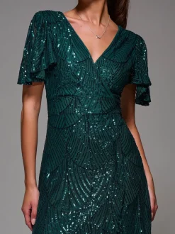 Jolie Moi Green Sequin Angel Sleeve Ruffle Hem Maxi Dress
