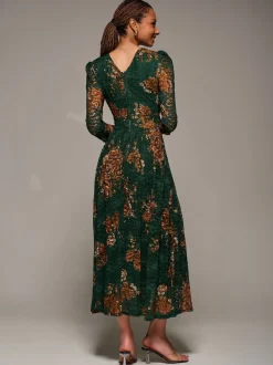 Jolie Moi Green Three Quarter Sleeve Printed Lace Maxi Dress