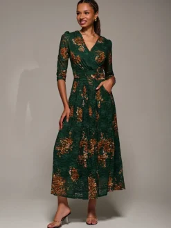 Jolie Moi Green Three Quarter Sleeve Printed Lace Maxi Dress