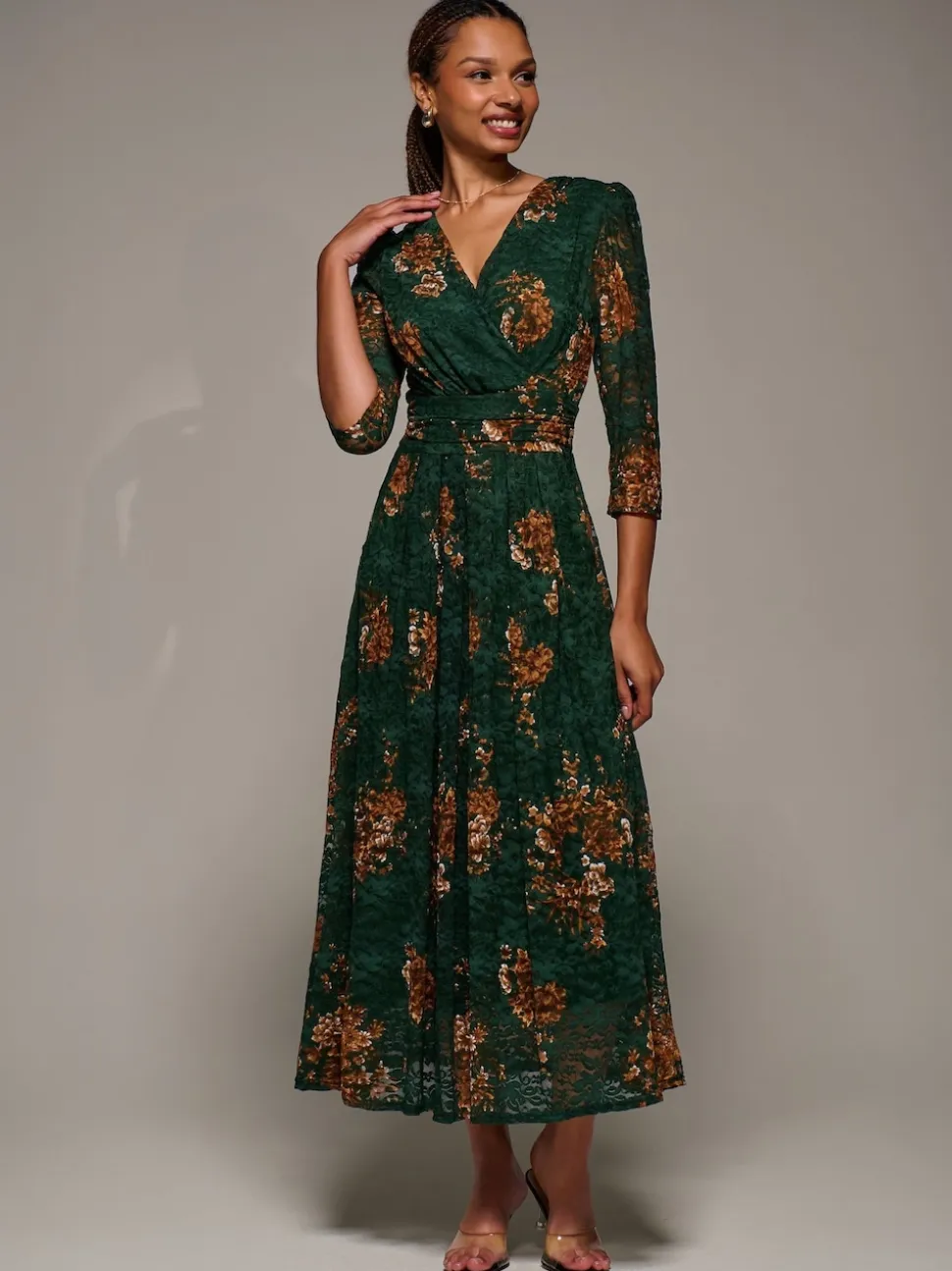 Jolie Moi Green Three Quarter Sleeve Printed Lace Maxi Dress