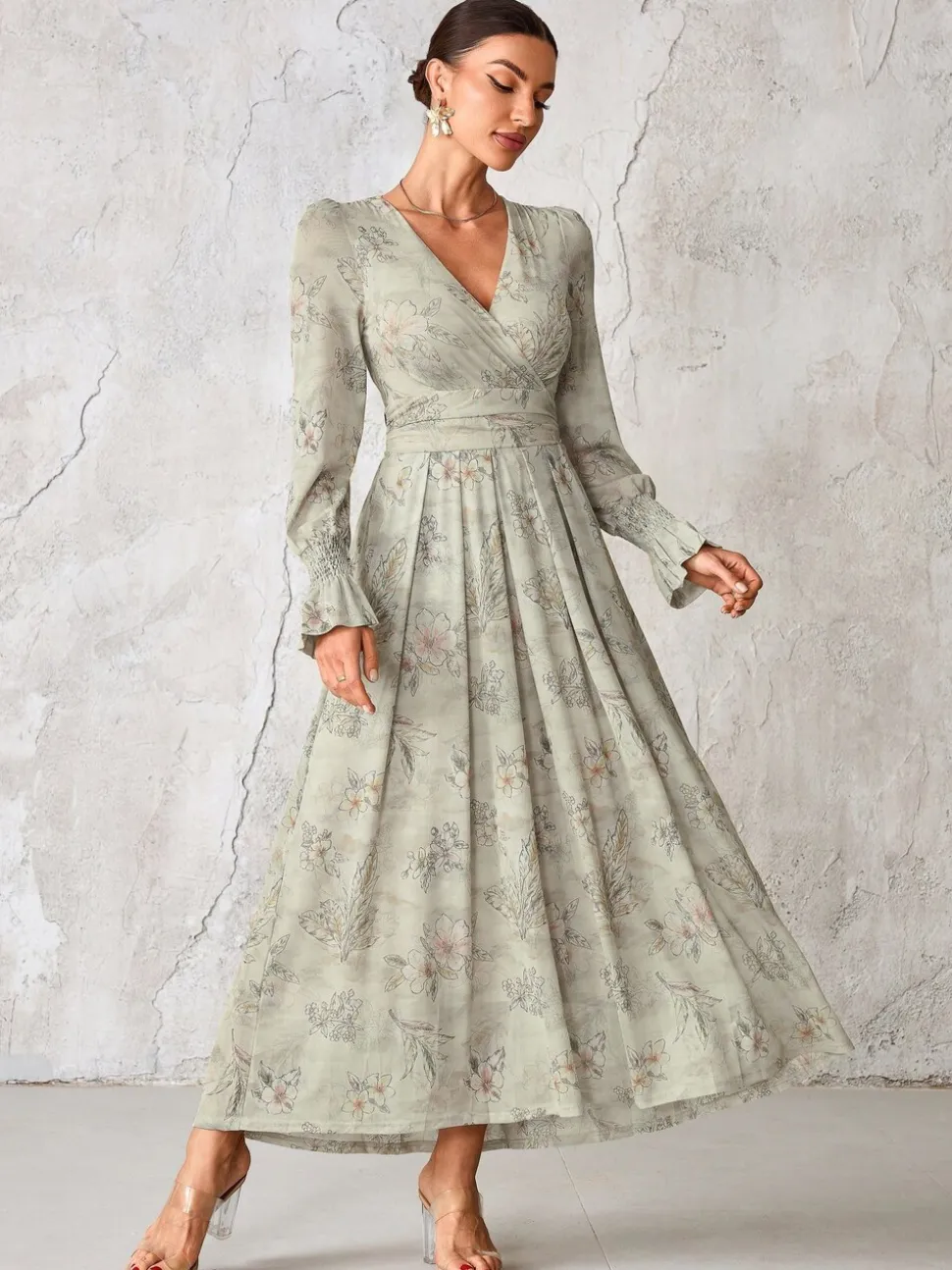 Jolie Moi Grey Long Sleeve Mesh Maxi Dress