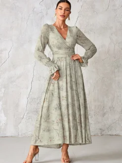 Jolie Moi Grey Long Sleeve Mesh Maxi Dress