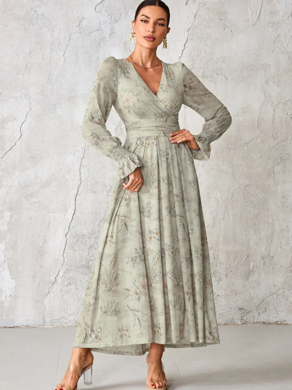 Jolie Moi Grey Long Sleeve Mesh Maxi Dress