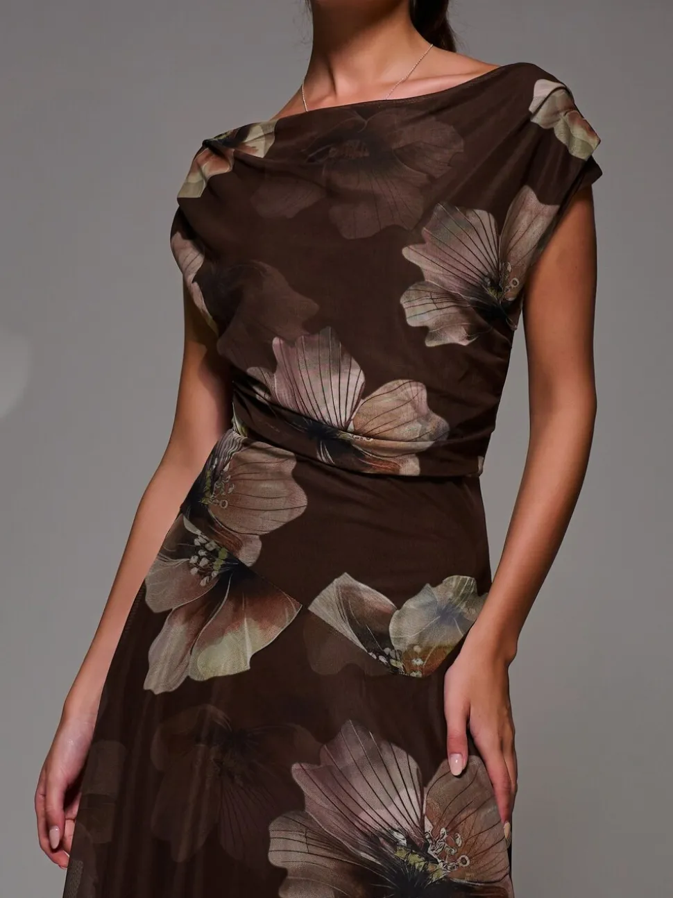 Jolie Moi Light Brown Mesh Asymmetrical Draped Maxi Dress