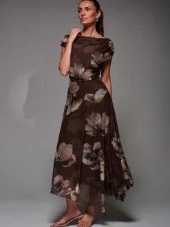 Jolie Moi Light Brown Mesh Asymmetrical Draped Maxi Dress