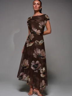 Jolie Moi Light Brown Mesh Asymmetrical Draped Maxi Dress