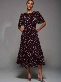 Jolie Moi Maroon Red Frill Detail Chiffon Midaxi Dress