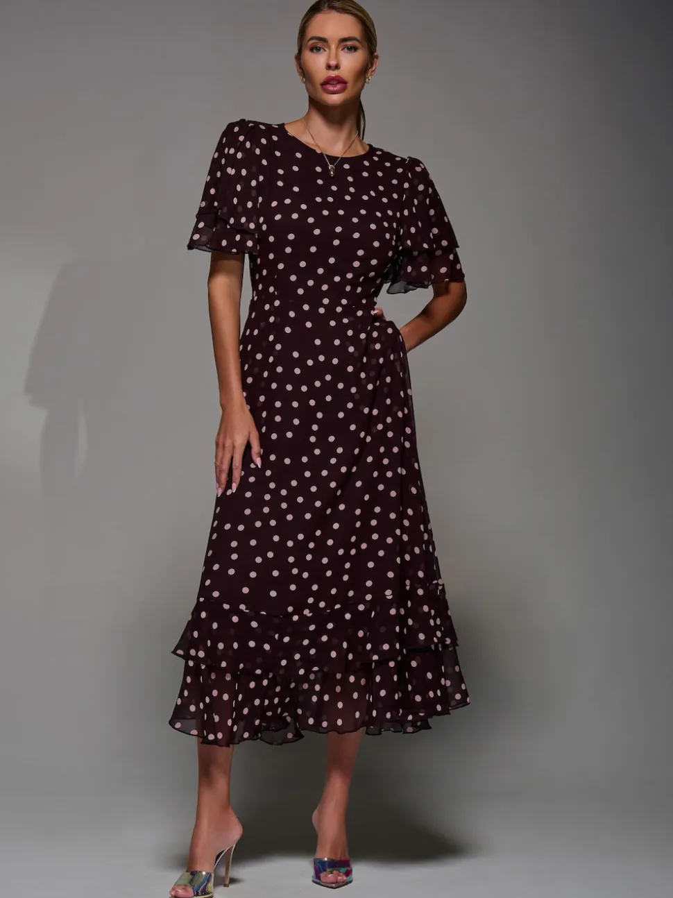 Jolie Moi Maroon Red Frill Detail Chiffon Midaxi Dress