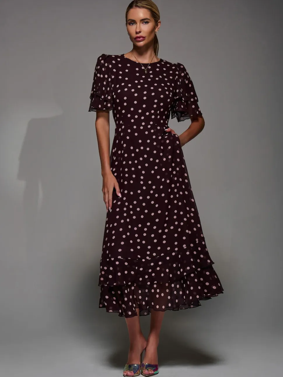 Jolie Moi Maroon Red Frill Detail Chiffon Midaxi Dress