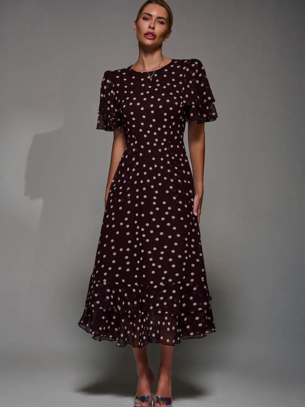 Jolie Moi Maroon Red Frill Detail Chiffon Midaxi Dress
