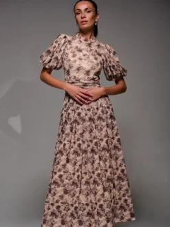 Jolie Moi Natural Puffy Sleeve Printed Mesh Maxi Dress