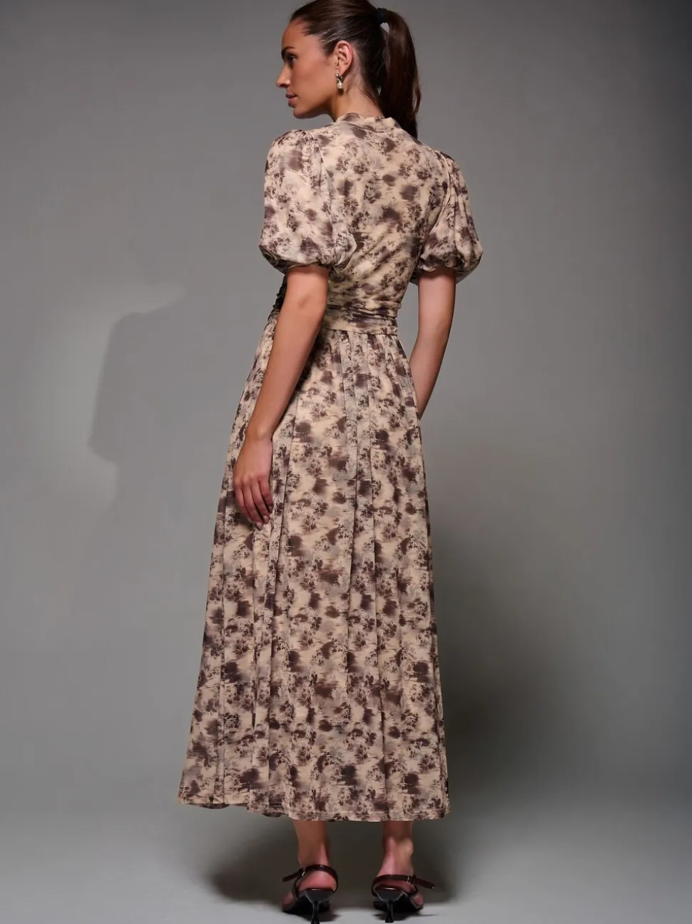 Jolie Moi Natural Puffy Sleeve Printed Mesh Maxi Dress