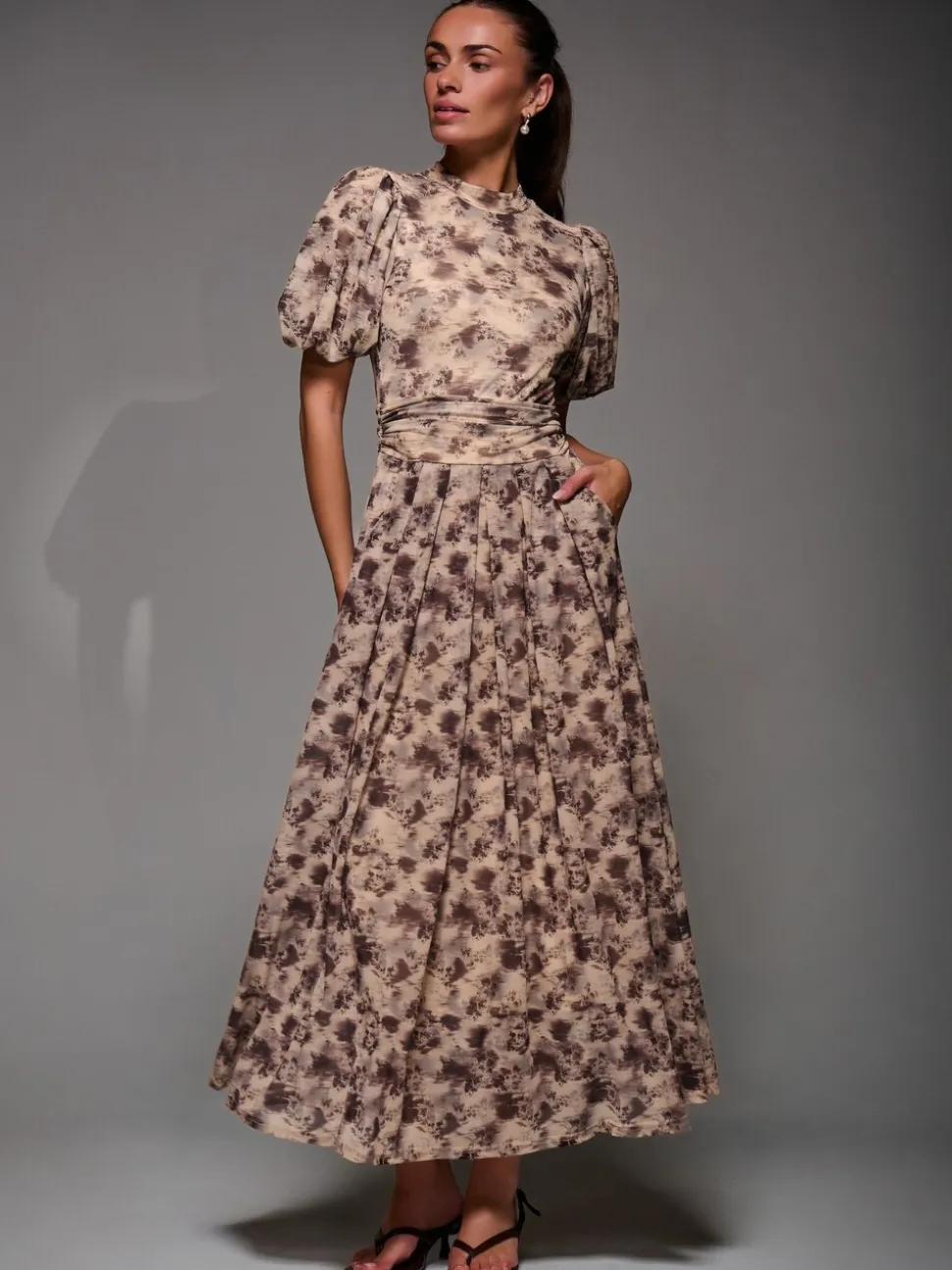 Jolie Moi Natural Puffy Sleeve Printed Mesh Maxi Dress