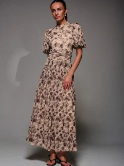 Jolie Moi Natural Puffy Sleeve Printed Mesh Maxi Dress