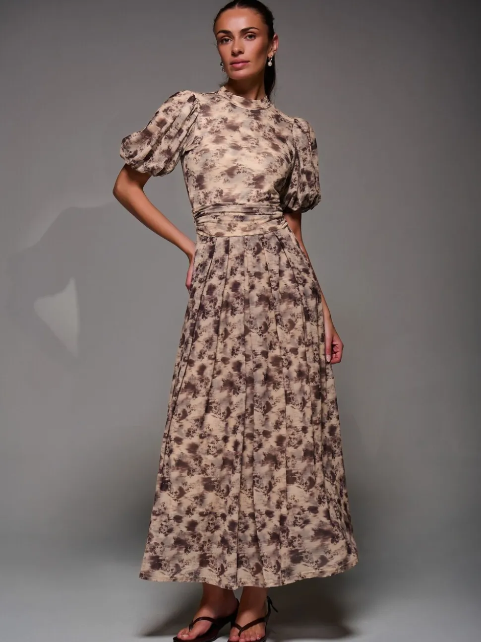 Jolie Moi Natural Puffy Sleeve Printed Mesh Maxi Dress