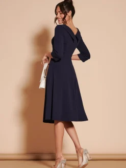 Jolie Moi Navy Blue 3/4 Sleeve Fold Neck Midi Dress