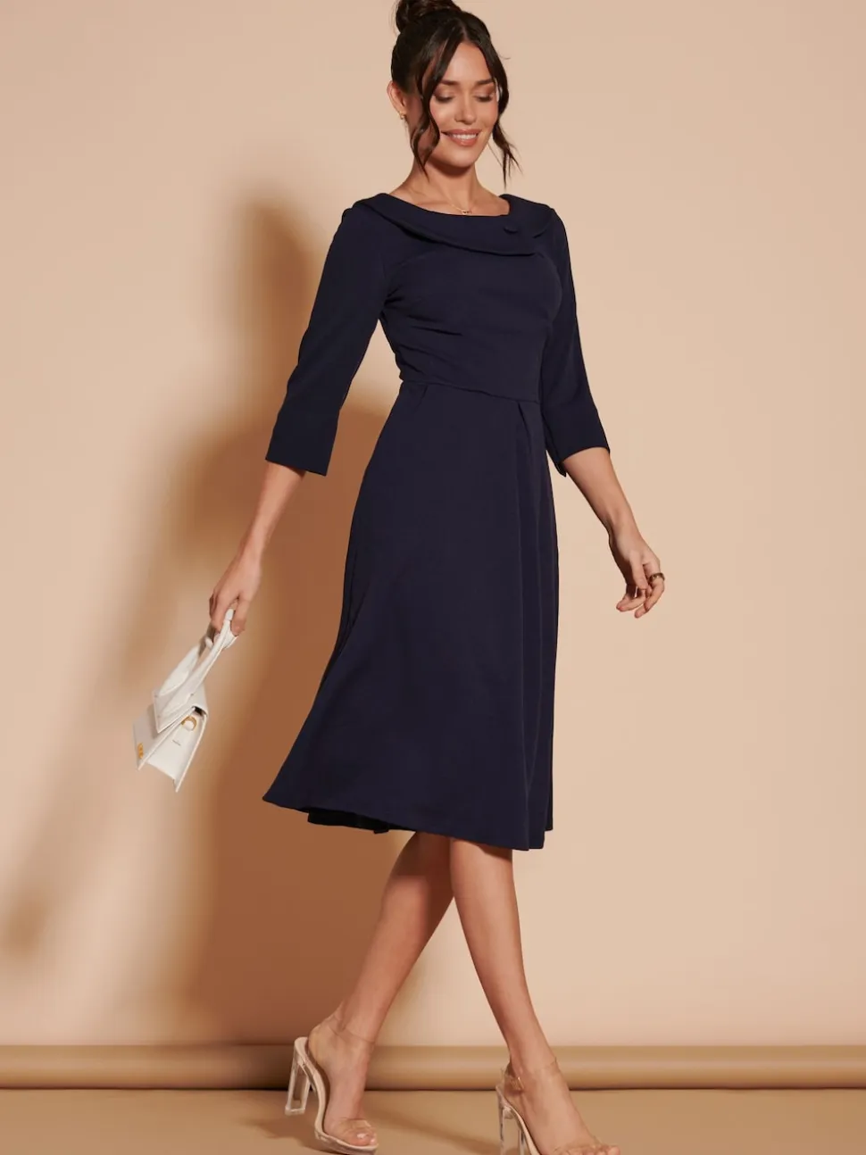 Jolie Moi Navy Blue 3/4 Sleeve Fold Neck Midi Dress