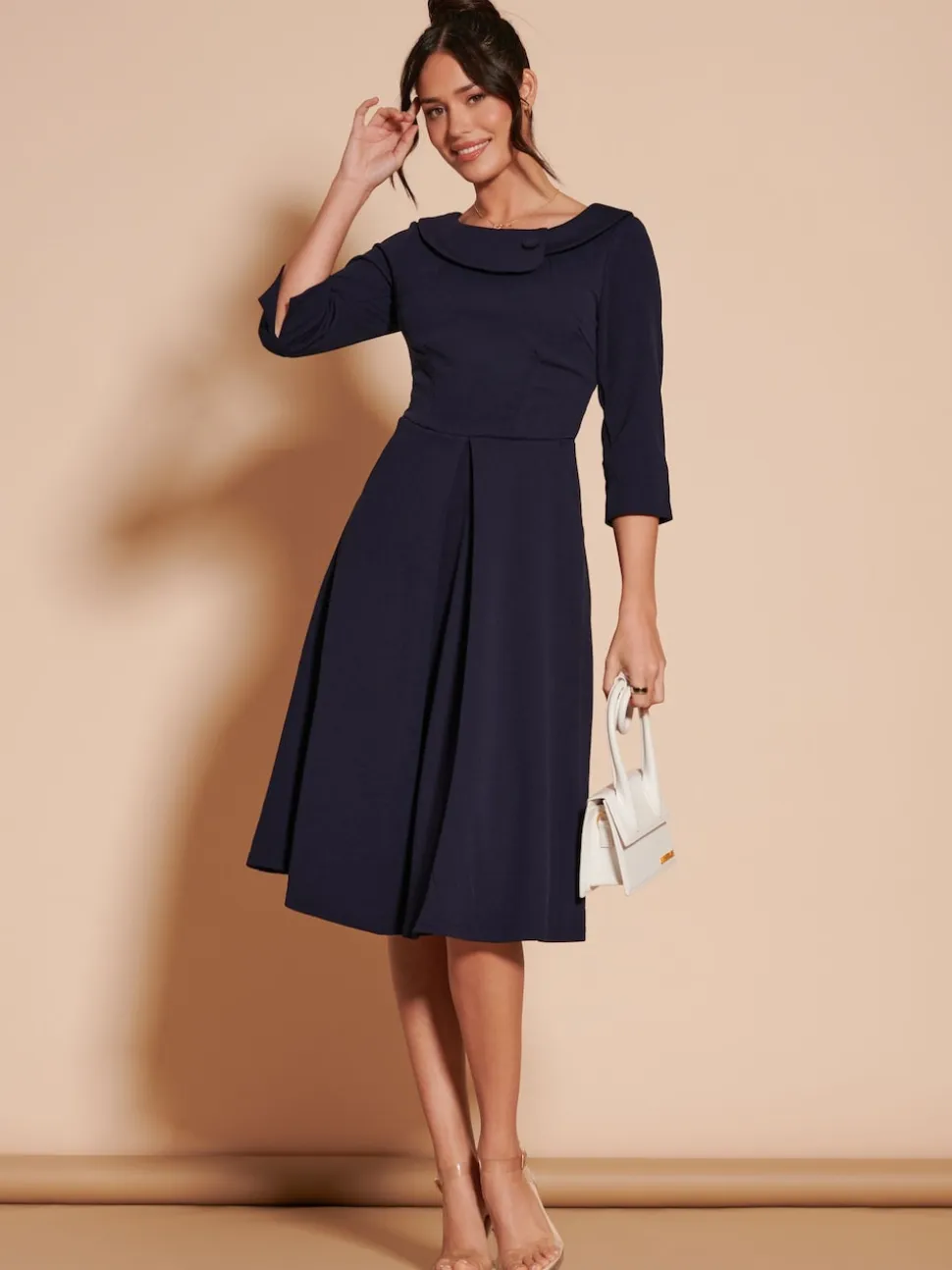Jolie Moi Navy Blue 3/4 Sleeve Fold Neck Midi Dress