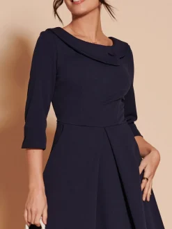 Jolie Moi Navy Blue 3/4 Sleeve Fold Neck Midi Dress