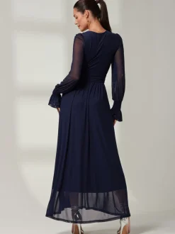 Jolie Moi Navy Blue Greta Long Sleeve Mesh Maxi Dress