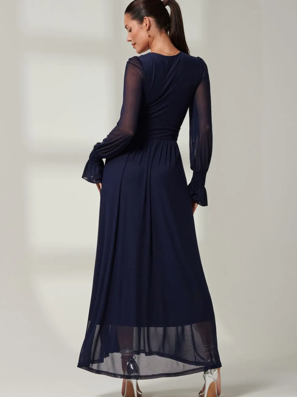 Jolie Moi Navy Blue Greta Long Sleeve Mesh Maxi Dress