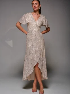 Jolie Moi Nude Sequin Angel Sleeve Ruffle Hem Maxi Dress