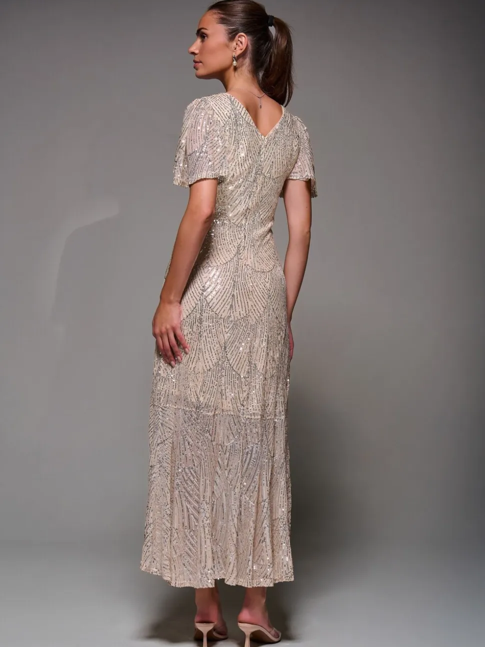 Jolie Moi Nude Sequin Angel Sleeve Ruffle Hem Maxi Dress