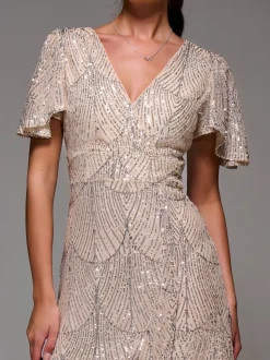 Jolie Moi Nude Sequin Angel Sleeve Ruffle Hem Maxi Dress