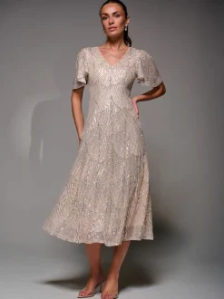 Jolie Moi Nude Sequin Angel Sleeve Fit & Flare Midaxi Dress