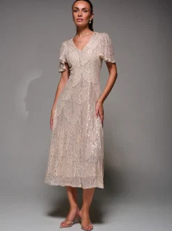 Jolie Moi Nude Sequin Angel Sleeve Fit & Flare Midaxi Dress