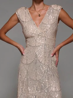 Jolie Moi Nude Sequin Asymmetric Ruffle Hem Maxi Dress