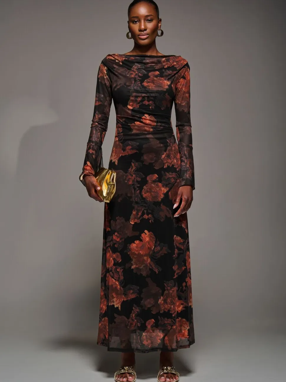 Jolie Moi Orange Long Sleeve Slash Neck Maxi Dress