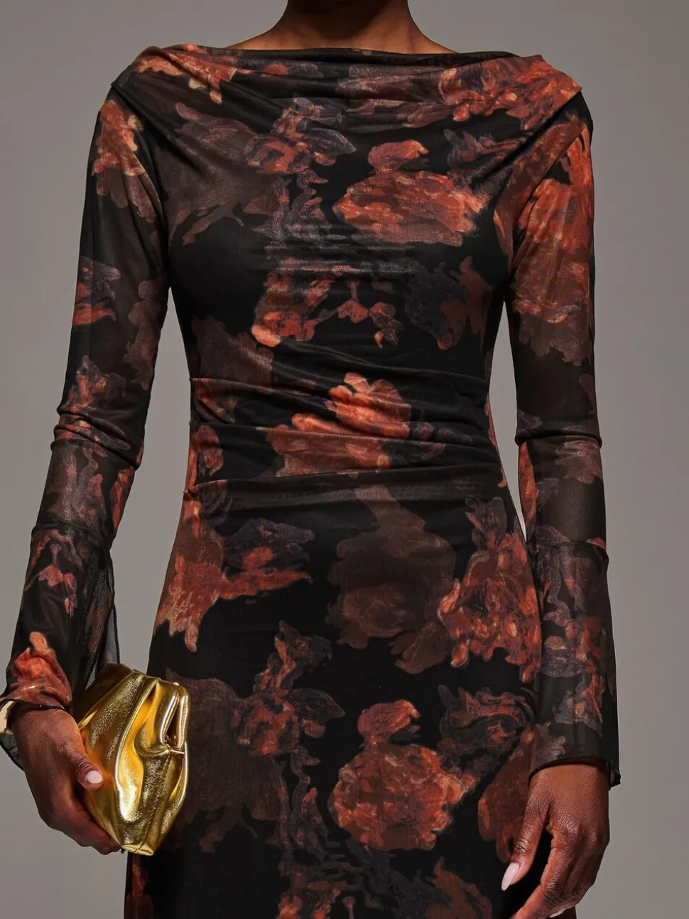Jolie Moi Orange Long Sleeve Slash Neck Maxi Dress