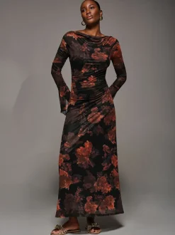 Jolie Moi Orange Long Sleeve Slash Neck Maxi Dress