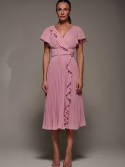 Jolie Moi Pink Chiffon Pleated Ruffle Midi Dress