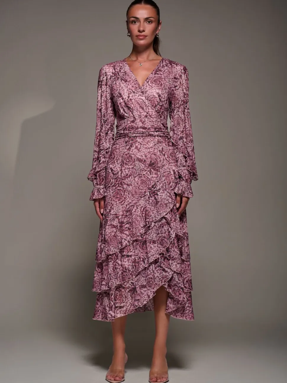 Jolie Moi Pink Long Sleeve Frill Detail Mesh Maxi Dress