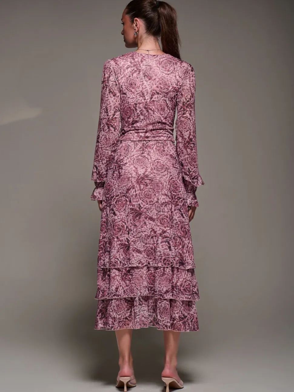 Jolie Moi Pink Long Sleeve Frill Detail Mesh Maxi Dress