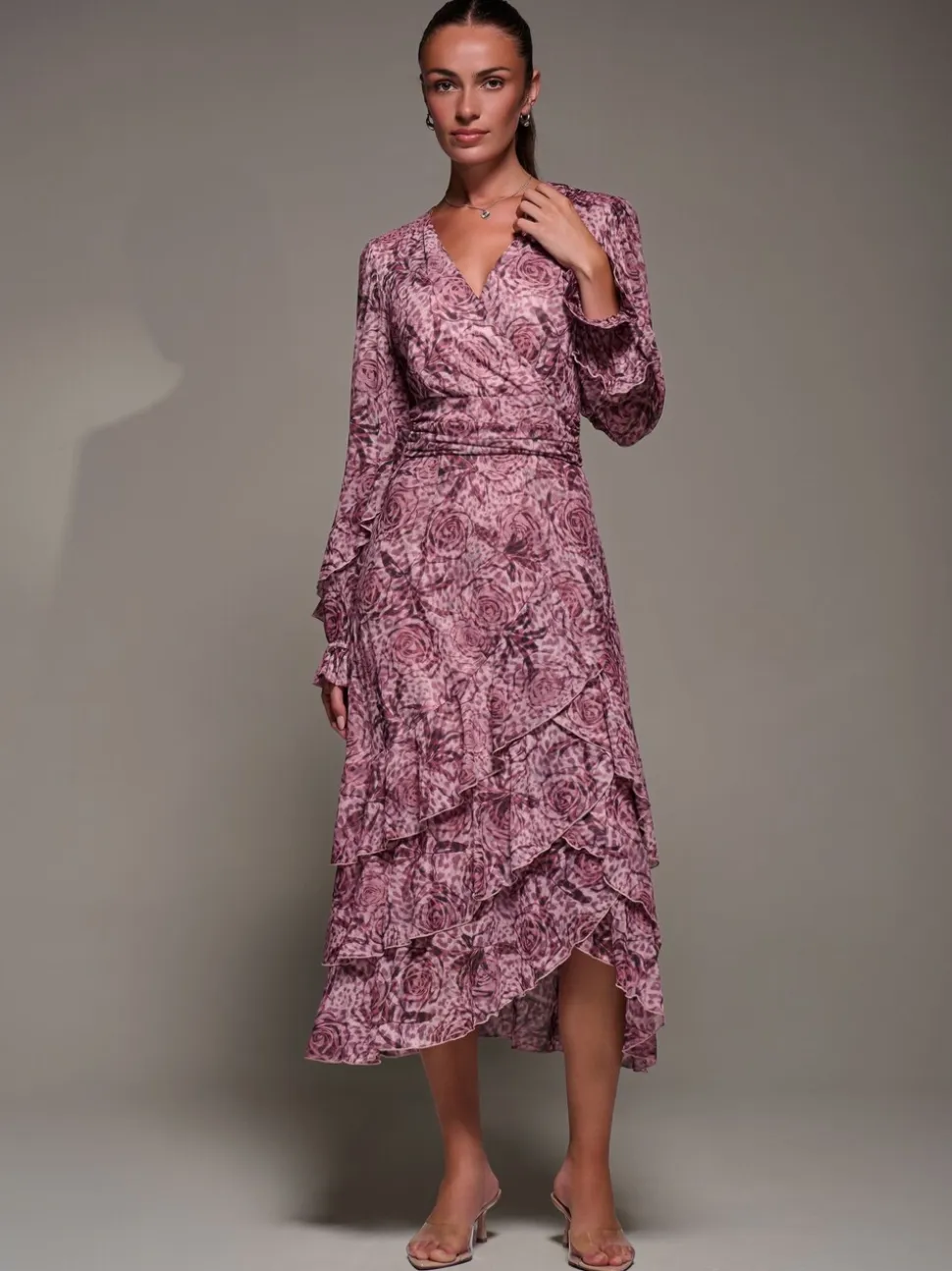 Jolie Moi Pink Long Sleeve Frill Detail Mesh Maxi Dress
