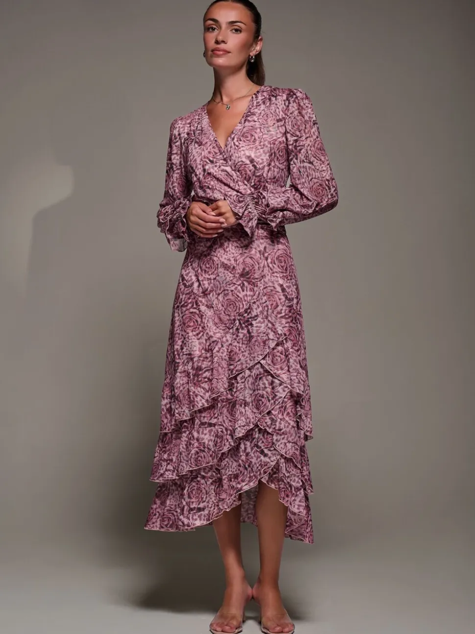 Jolie Moi Pink Long Sleeve Frill Detail Mesh Maxi Dress