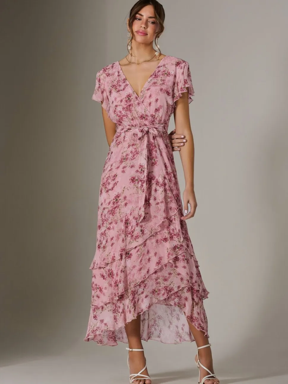 Jolie Moi Pink Printed Wrap Ruffle Maxi Dress