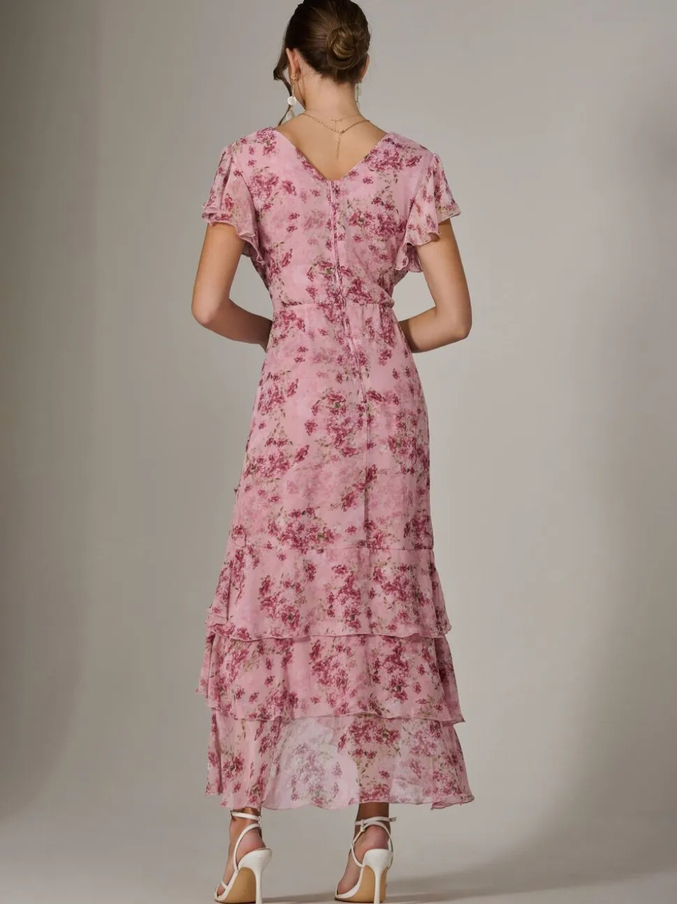 Jolie Moi Pink Printed Wrap Ruffle Maxi Dress